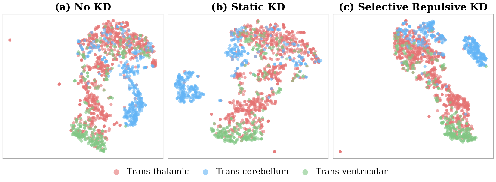 t-SNE visualizations comparing No KD, Static KD, and Selective Repulsive KD brain sub-plane cluster separation